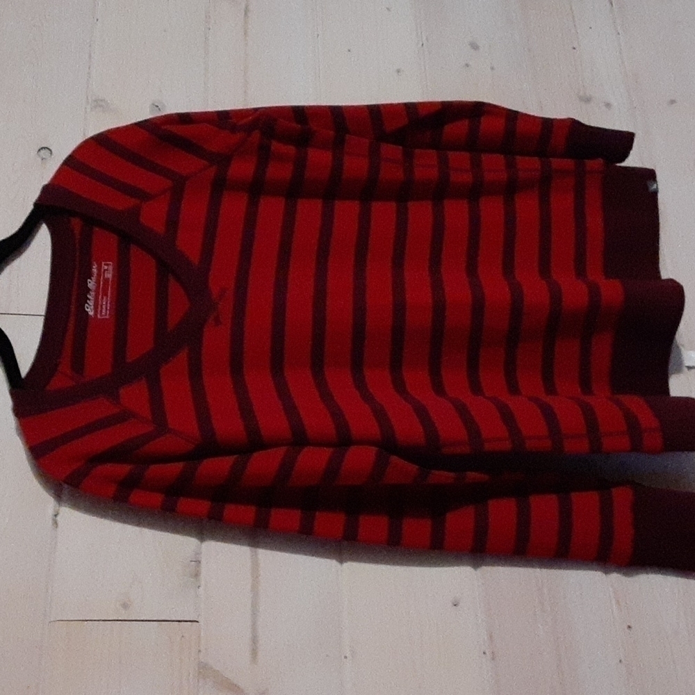 Eddie Bauer, ladies, long sleeve tee, red and burgundy stripe.